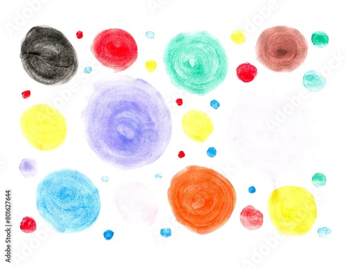 Hand painted colorful watercolor circles and dots on white background.