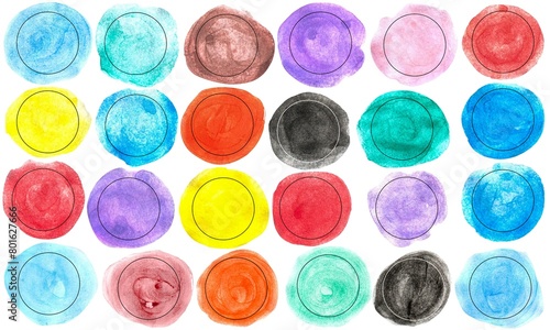 Hand painted colorful circles on white background. Abstract colorful artwork. Modern painting.