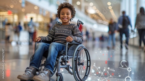 A young boy in a wheelchair is smiling in a busy airport