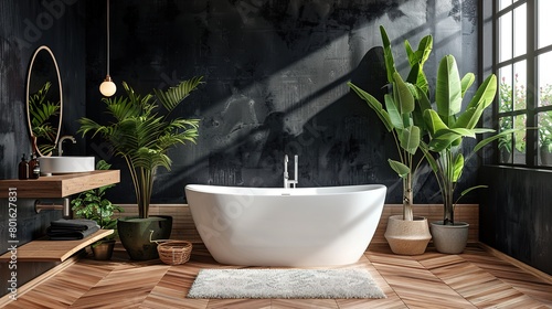 Modern bathroom interior with white bathtub and chic vanity  black walls  parquet floor  plants  wooden wall panel  natural lighting. Minimal bathroom with modern furniture. 3d Rendering
