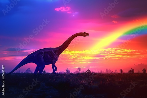  Photograph of a Diplodocus bathed in the warm glow of a sunset, with golden light illuminating its long body against a backdrop of towering mountains and colorful skies © Roberto