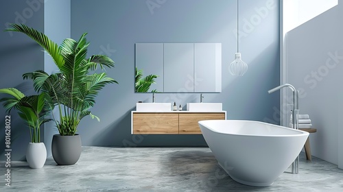 Modern bathroom interior with white bathtub and chic vanity  black walls  parquet floor  plants  wooden wall panel  natural lighting. Minimal bathroom with modern furniture. 3d Rendering