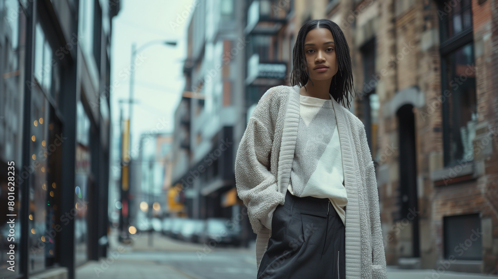 Fototapeta premium Full body shot of a model wearing a luxurious terry cardigan on a modern urban street