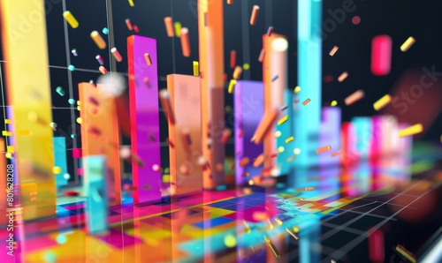 Lively 3d rendering of a financial growth chart with ascending colorful bars and confetti in a festive setting, representing achievement, prosperity, and favorable market trends photo