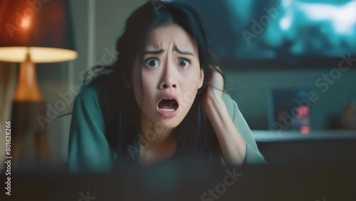 Captured in a home setting at night, this image features a asian woman with a look of shock, highlighting human emotions and reactions during intense movie scenes photo