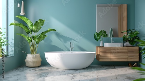 Modern bathroom interior with white bathtub and chic vanity  black walls  parquet floor  plants  wooden wall panel  natural lighting. Minimal bathroom with modern furniture. 3d Rendering