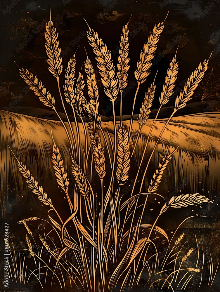 Obraz premium Elegant Stylized Wheat Illustration Against a Dark Background, Perfect for Decorative Purposes. Natural Elegance Captured in Art. AI