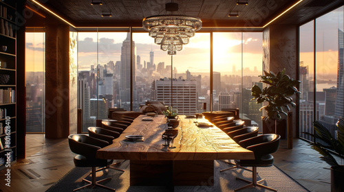 A luxurious dining room with a large wooden table, a stylish chandelier, and a stunning city view