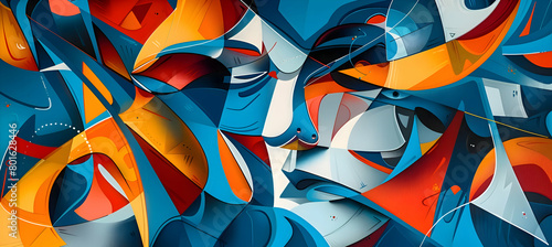 High-definition abstract art featuring bold, crisp geometric figures and flowing lines in an eye-catching combination of cool blue and bright orange photo