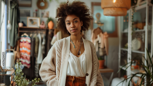 Model posing in a boutique wearing a fashionable terry cardigan, surrounded by chic decor, full body shot
