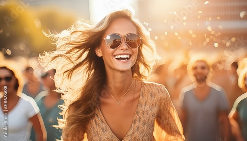 ein sympathische hübsche Frau mit Sonnenbrille und wehenden Haare lächelnd auf eine fest.  photo