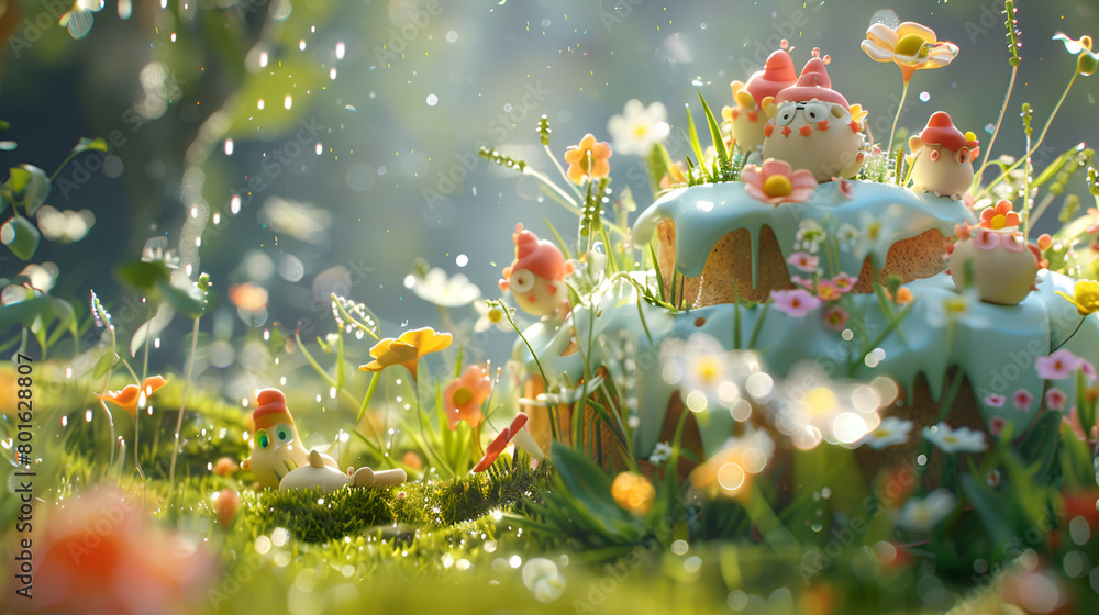 A cake is placed amidst a meadow of colorful flowers