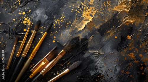 A set of brushes above a painting. photo