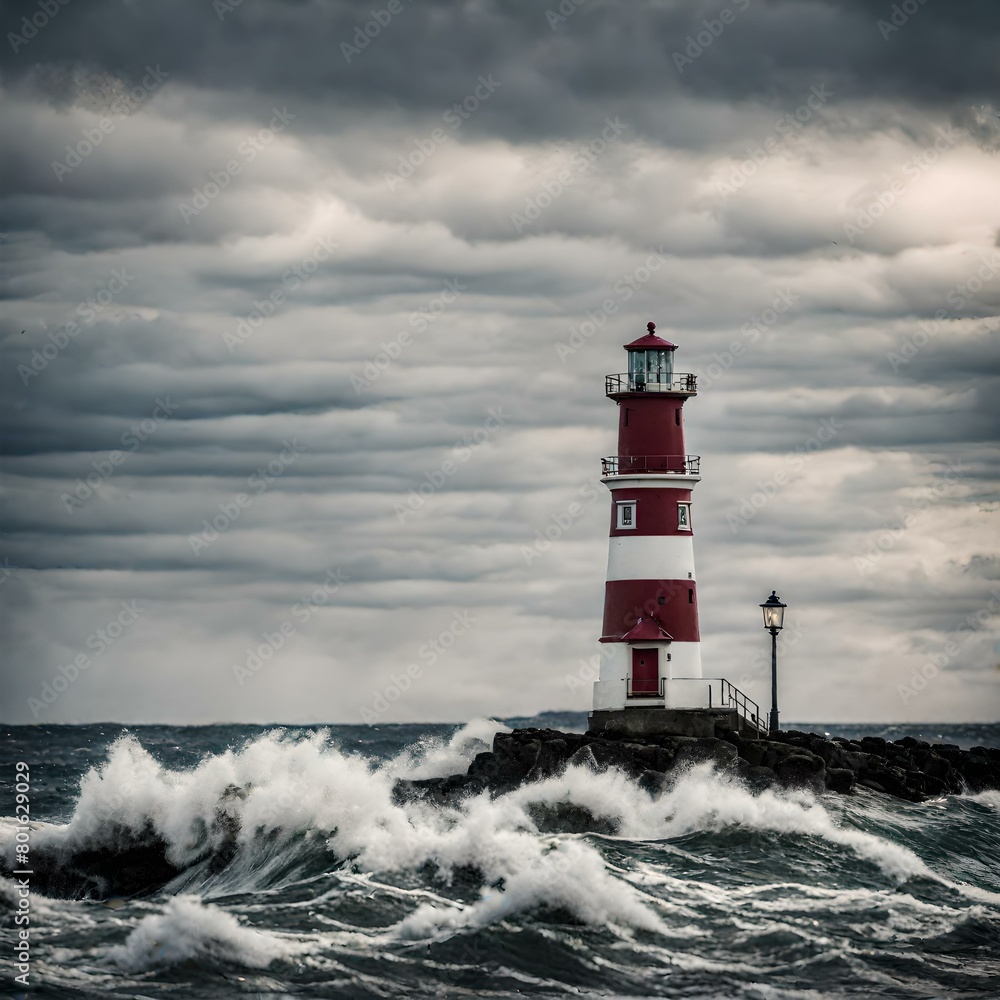 A landscape photo of a small lighthouse in front of the summer sea and very high and rough waves.