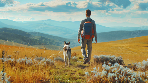  A man and a dog hiking in beautiful mountain landscape, man with tourist backpack hiking on spring wild field together with a dog. The concept of the campaign, hiking , spring traveling and nature © Guru