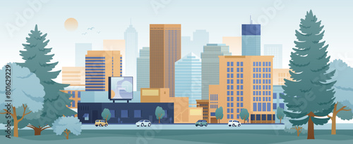 Vector illustration of downtown and park with trees. Urban cityscape with buildings and skyscrapers. Green city graphic landscape with street traffic. © Anastasiia Neibauer