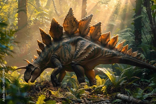 Witness the grace and beauty of a Stegosaurus as it uses its spiked tail to defend against a predatory attack  showcasing the unique defensive capabilities and majestic presence 