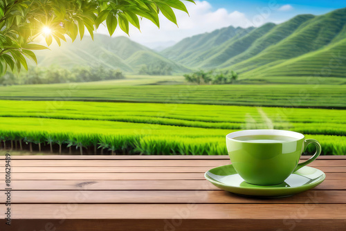 Cup of hot green tea on wooden table on a blurred tea plantations background.Banner for design, display or montage your products.Generative AI 