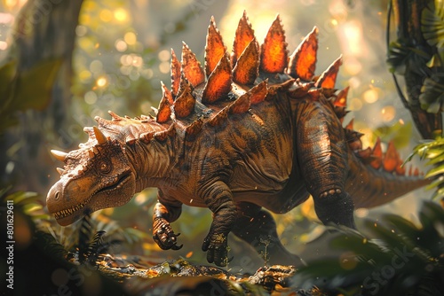 Witness the grace and beauty of a Stegosaurus as it uses its spiked tail to defend against a predatory attack, showcasing the unique defensive capabilities and majestic presence 
