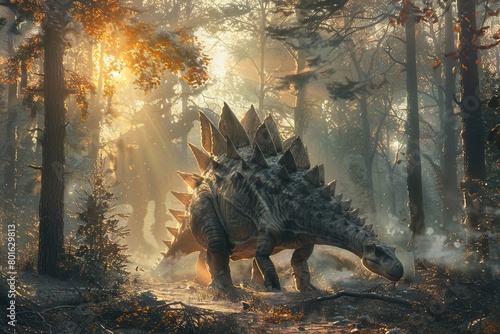 Witness the grace and beauty of a Stegosaurus as it uses its spiked tail to defend against a predatory attack, showcasing the unique defensive capabilities and majestic presence  photo