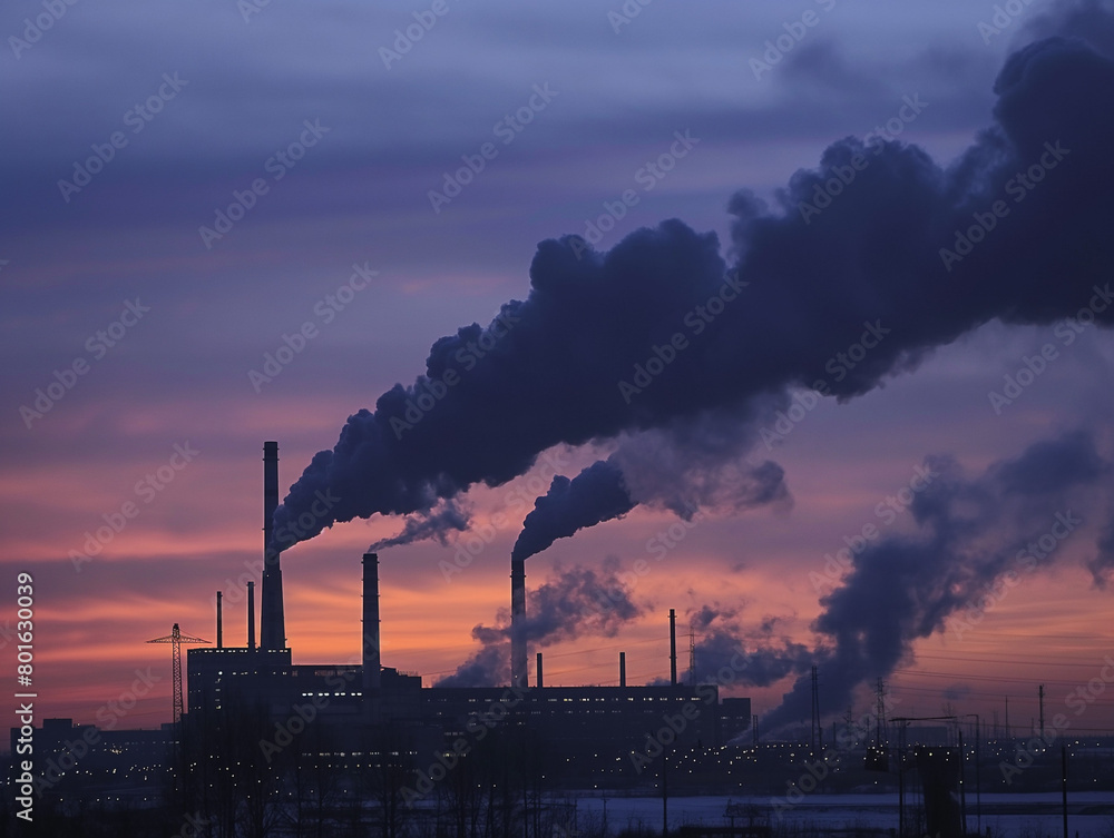 Silhouette of an industrial plant emitting thick smoke into the sky at dusk, against a backdrop of a vibrant sunset.