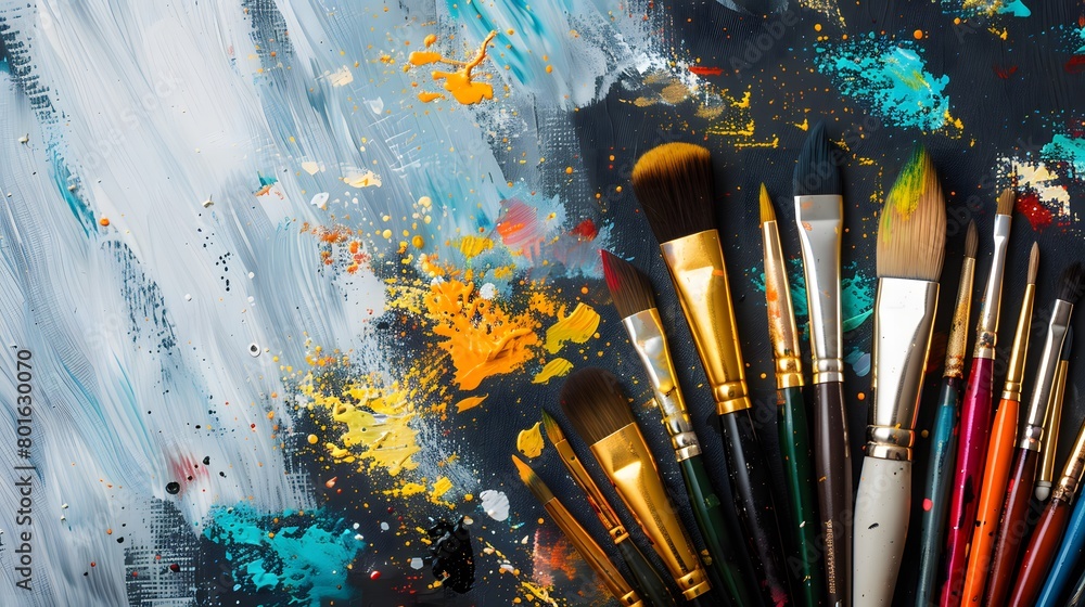 Obraz premium A set of brushes above a painting.