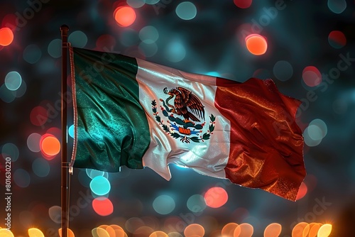 La bandera de Mexico ondeando en la noche por las fiestas patrias al fondo luces boken. Dia de la independencia de Mexico  photo