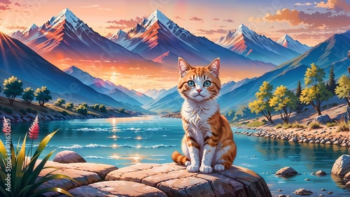 Cat sitting on the shore of a mountain river at sunset. Vector illustration.