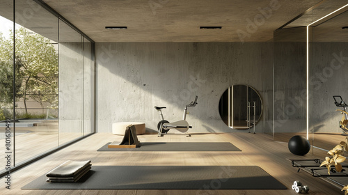 A minimalist home gym with a yoga mat, a exercise bike, and a floor-to-ceiling mirror photo