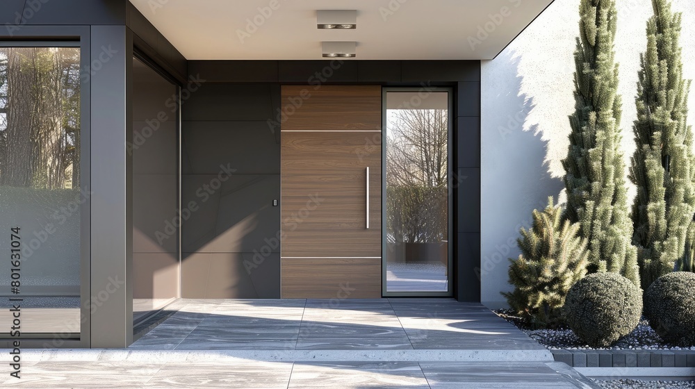 Modern entrance door with wood effect, Wall covering