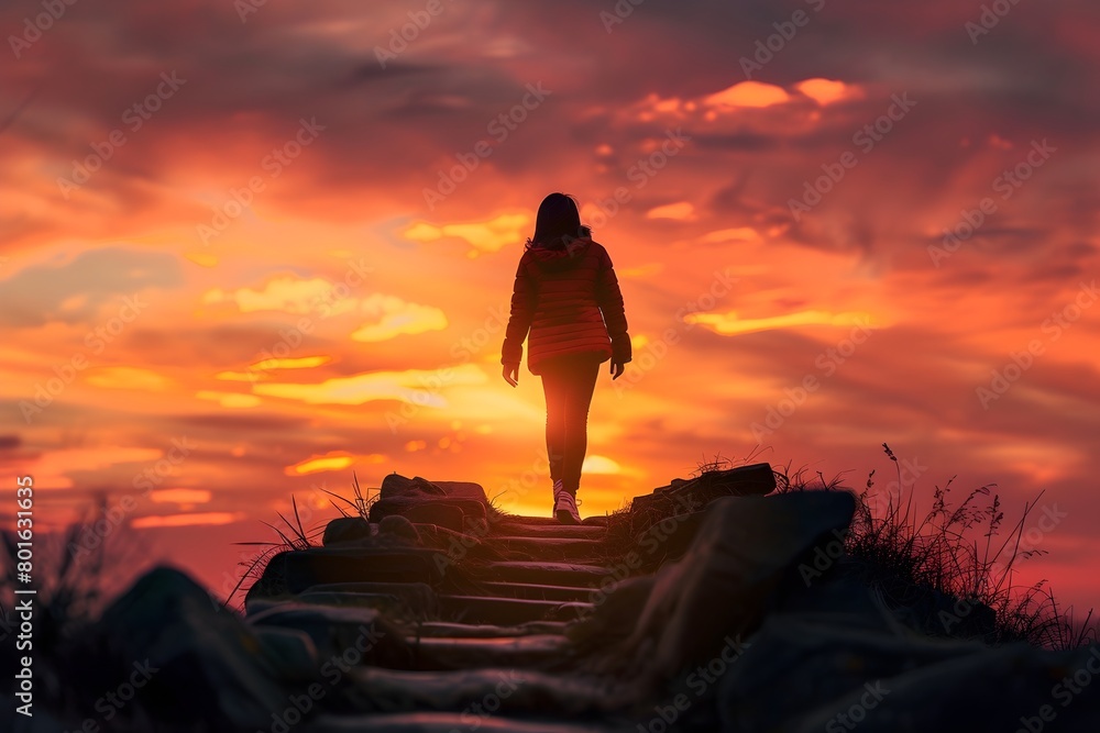 A woman is walking on a path with a sunset in the background. The sky is orange and the sun is setting. The woman is wearing a red jacket and she is enjoying the view