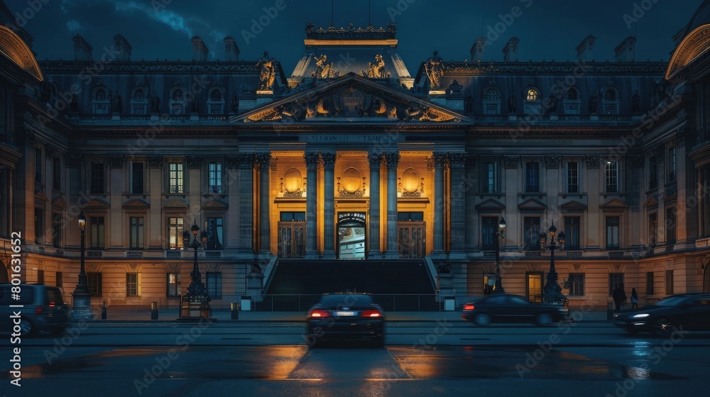 A picturesque view of a museum's exterior at night, with its facade illuminated and creating a dramatic atmosphere.