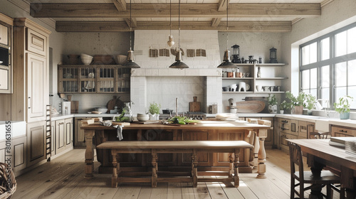 A modern farmhouse-style kitchen with a large island, a farmhouse sink, and a rustic wooden table
