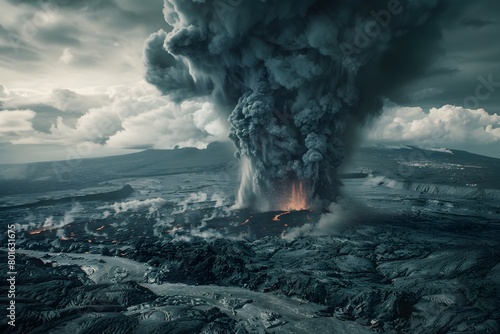A volcano erupts in the sky, spewing ash and smoke. The scene is dark and ominous, with the clouds overhead adding to the sense of danger. The volcano is surrounded by a barren landscape photo