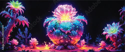 Glowing Desert Cacti - Captivating Magic Plants for Stunning Social Media Posts. Vector Illustratons of Cactus Glow in the Dark.