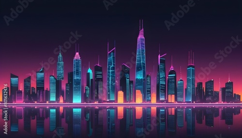 City lights illuminate skyscrapers in shades of blue and purple  accented by soft orange glows  casting reflections in the calm waters of the lake against a luminous backdrop of houses.