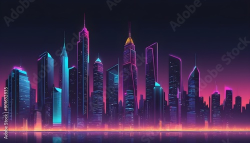 Skyscrapers aglow in a palette of blue, purple, and hints of orange, casting their radiance onto the enchanting landscape of illuminated houses reflected in the serene lake.