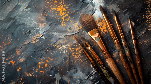 A set of brushes above a painting.