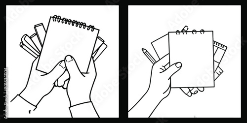 Hand-Drawn Line Art Sketch of a Hand Holding a Notebook. Vector Illustrations. EPS 10.