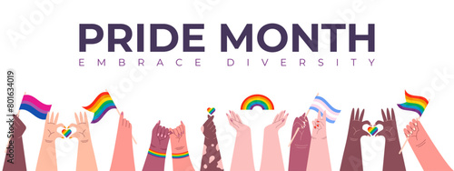 Pride Month LGBT Multiracial Hands Banner. People Holding Rainbow Bisexual and Transgender Flags. Celebrating Diversity and Love During Pride Month Vector Illustration.