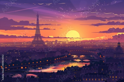 Vivid artistic illustration of Paris  France with Eiffel Tower at sunset