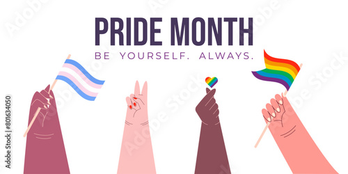 Pride Month Banner, Background. Multiracial people hands hold LGBTQ rainbow flag and transgender flag, show heart sign. Celebrating diversity and inclusion vector illustration.