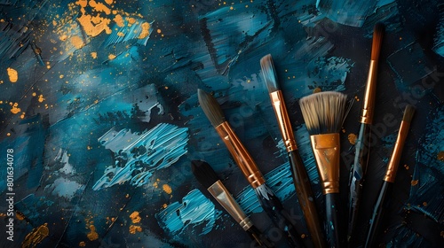 A set of brushes above a painting.