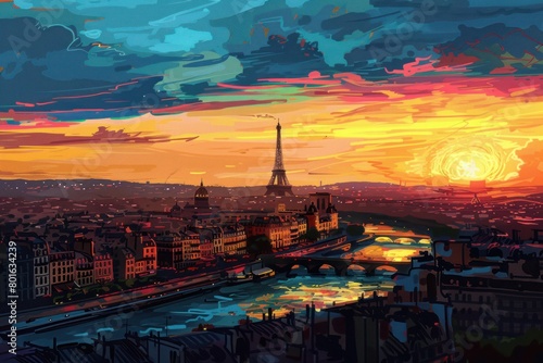 Sunset landscape of Paris  France - Eiffel Tower