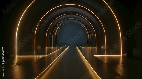 Illuminated archway hallway with reflective floor and ambient lighting photo