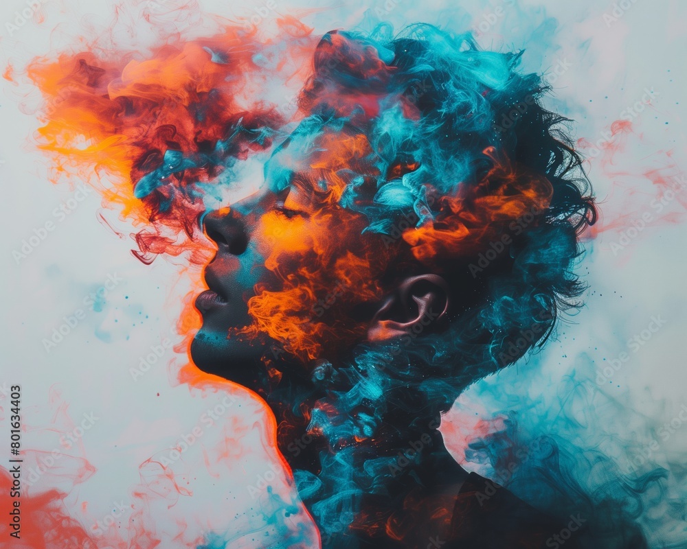 Man fiery icy smoke swirling around face digital trendy blue orange