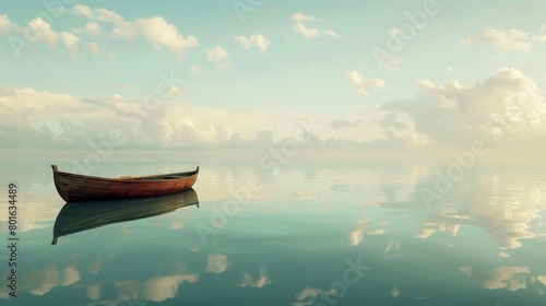 Visual concept of solitude as a single boat on a vast, mirror-like ocean © Sasint