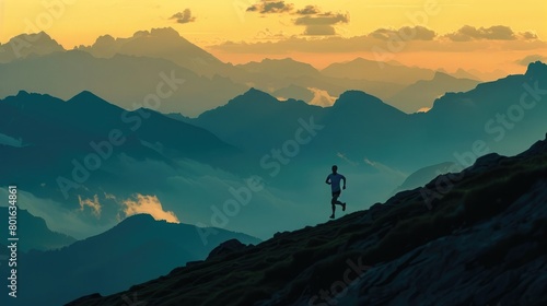 A picturesque view of a runner's silhouette against a majestic mountain range, inspiring a sense of adventure and exploration on Global Running Day. © Manzoor