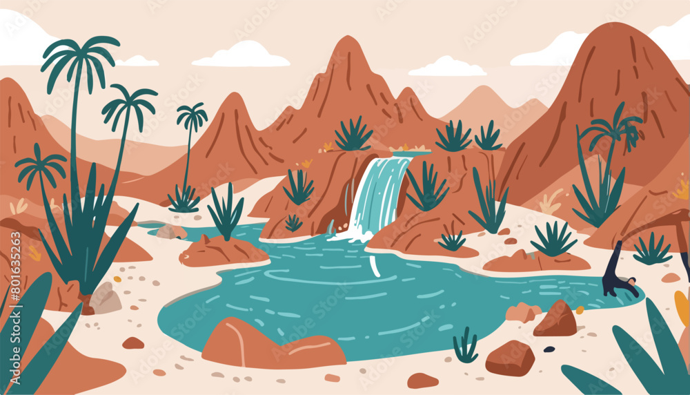 Paradise Illustrations of Lake Panorama Surrounded by Desert Mountains and Rivers with Some Trees.