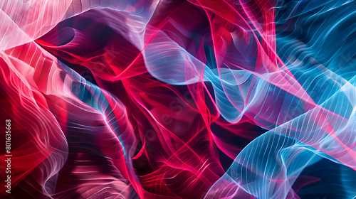 Soft  fluid lines intersect with geometric forms  blending cherry red with azure blue in a dynamic abstract image  mimicking an HD camera s output